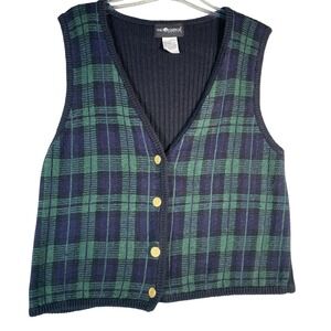 Sag Harbor Petite Vest Women Large Plaid Knit Button Navy Green Gold Button